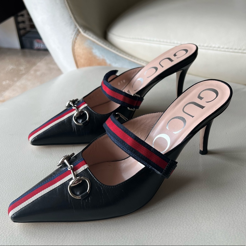 Gucci Horsebit Emma Web Stripe Leather Sandals Heels Mules/ Slides